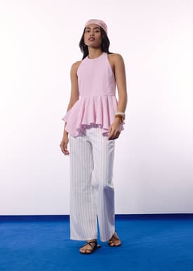 Pinstripe Seersucker Halter Peplum Top