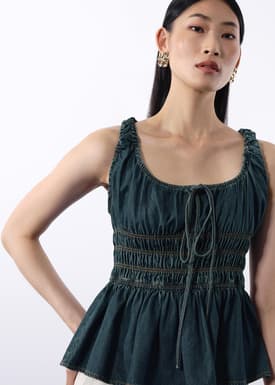 Ruched Vintage Wash Denim Tunic Top