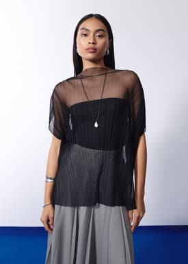 Relaxed Sheer Tulle Mock Neck Tunic Top