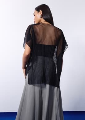 Relaxed Sheer Tulle Mock Neck Tunic Top