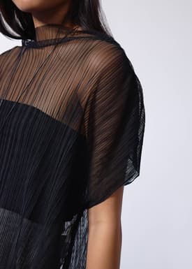 Relaxed Sheer Tulle Mock Neck Tunic Top