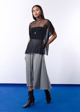 Relaxed Sheer Tulle Mock Neck Tunic Top