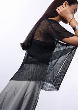 Relaxed Sheer Tulle Mock Neck Tunic Top
