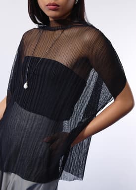 Relaxed Sheer Tulle Mock Neck Tunic Top
