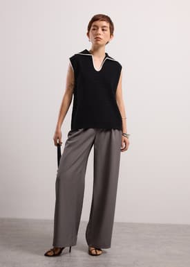 Relaxed Contrast Pointelle Collared Top