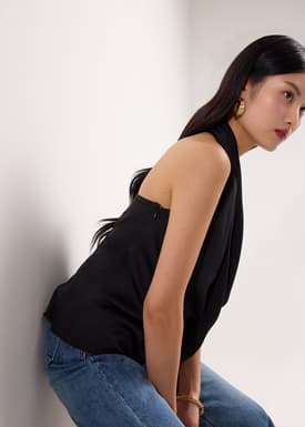 Satin Cowl Neck Halter Fitted Top