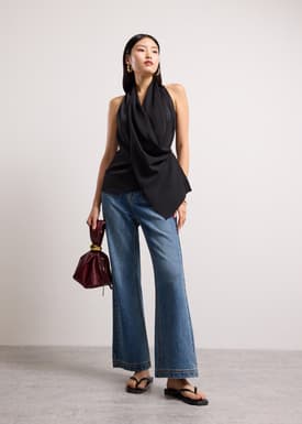 Satin Cowl Neck Halter Fitted Top