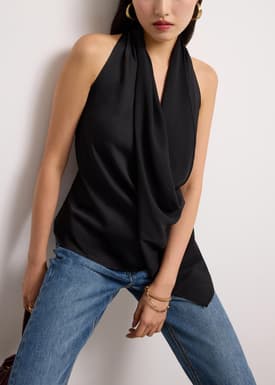 Satin Cowl Neck Halter Fitted Top