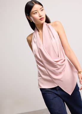 Satin Cowl Neck Halter Fitted Top