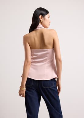 Satin Cowl Neck Halter Fitted Top