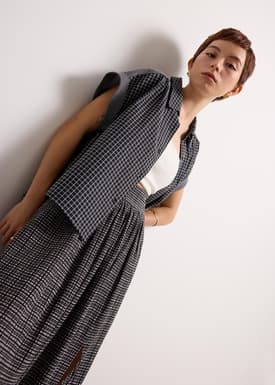 Check Collared Button Down Cap Sleeve Shell Top