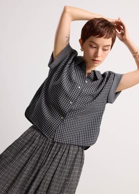 Check Collared Button Down Cap Sleeve Shell Top
