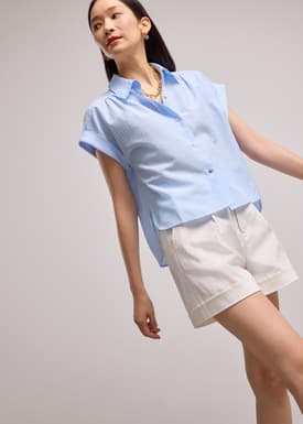 Check Collared Button Down Cap Sleeve Shell Top