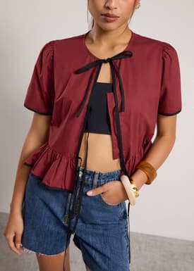 Contrast Piping Round Neck Front Tie Peplum Top