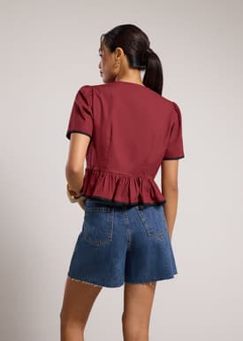 Contrast Piping Round Neck Front Tie Peplum Top