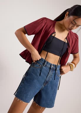 Contrast Piping Round Neck Front Tie Peplum Top