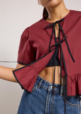 Contrast Piping Round Neck Front Tie Peplum Top