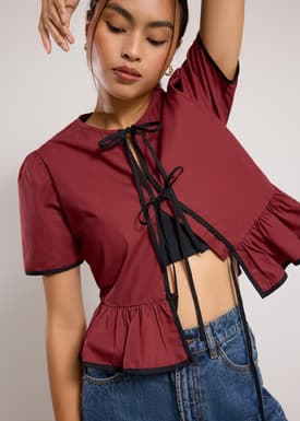 Contrast Piping Round Neck Front Tie Peplum Top