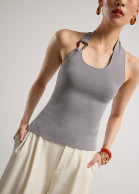 Buckle Detail Knit Halter Fitted Top