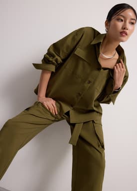 RuchedReady® Oversized Cotton Twill Button Down Utility Shirt