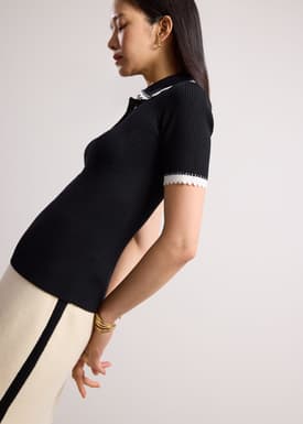 Contrast Trim Pointelle Knit Peter Pan Collar Top