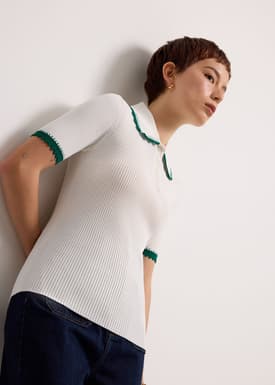 Contrast Trim Pointelle Knit Peter Pan Collar Top