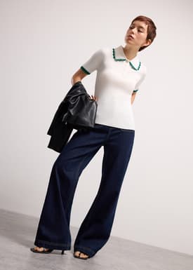 Contrast Trim Pointelle Knit Peter Pan Collar Top