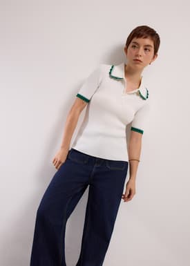 Contrast Trim Pointelle Knit Peter Pan Collar Top