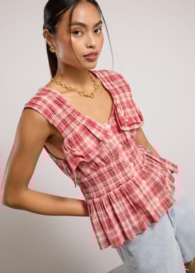 Crinkled Plaid V-neck Button Down Peplum Top