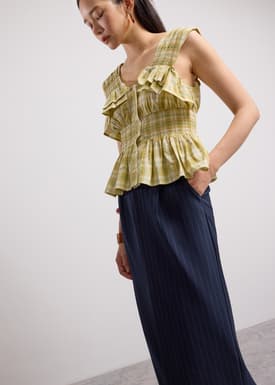 Crinkled Plaid V-neck Button Down Peplum Top