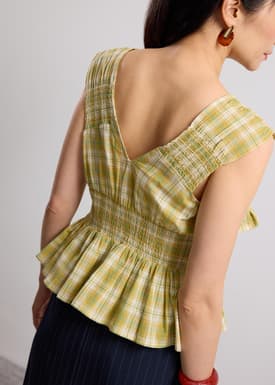 Crinkled Plaid V-neck Button Down Peplum Top