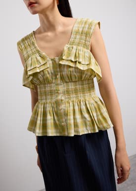 Crinkled Plaid V-neck Button Down Peplum Top
