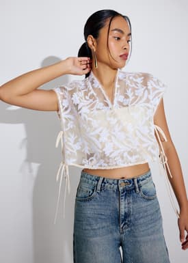 Relaxed Floral Sequin V-Neck Crop Top