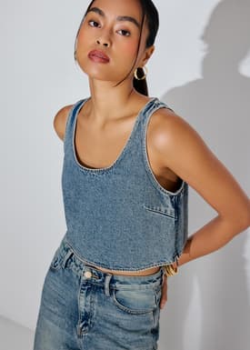 Diamante Denim Scoop Neck Boxy Crop Top