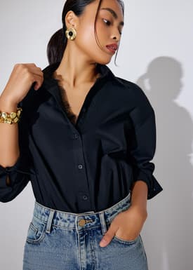 RuchedReady® Relaxed Detachable Lace Trim Poplin Button Down Shirt