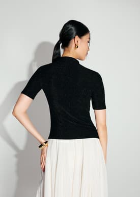 Lurex Jersey Cut Out Mock Neck Fitted Top