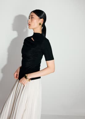 Lurex Jersey Cut Out Mock Neck Fitted Top