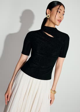 Lurex Jersey Cut Out Mock Neck Fitted Top