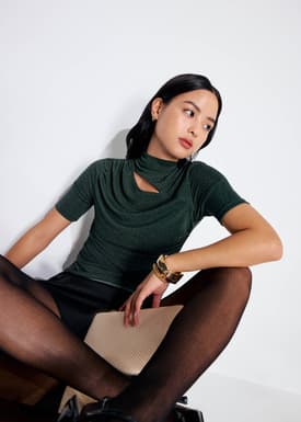 Lurex Jersey Cut Out Mock Neck Fitted Top