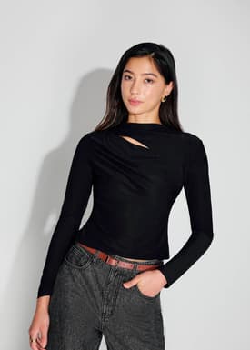 Jersey Asymmetric Cut Out Mock Neck Top