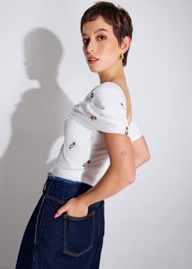 BraFree by LB Ruched Cotton Floral Embroidery Off-Shoulder Fitted Top