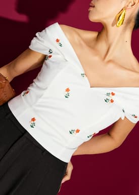 BraFree by LB Ruched Cotton Floral Embroidery Off-Shoulder Fitted Top