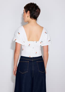 BraFree by LB Ruched Cotton Floral Embroidery Off-Shoulder Fitted Top