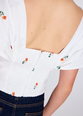 BraFree by LB Ruched Cotton Floral Embroidery Off-Shoulder Fitted Top