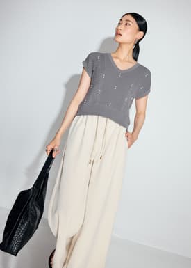 Relaxed Pearl Embellished Cable Knit Shell Top