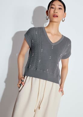 Relaxed Pearl Embellished Cable Knit Shell Top