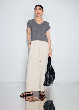 Relaxed Pearl Embellished Cable Knit Shell Top