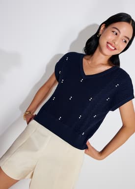 Relaxed Pearl Embellished Cable Knit Shell Top