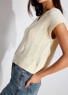 Relaxed Pearl Embellished Cable Knit Shell Top