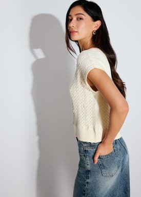 Relaxed Pearl Embellished Cable Knit Shell Top